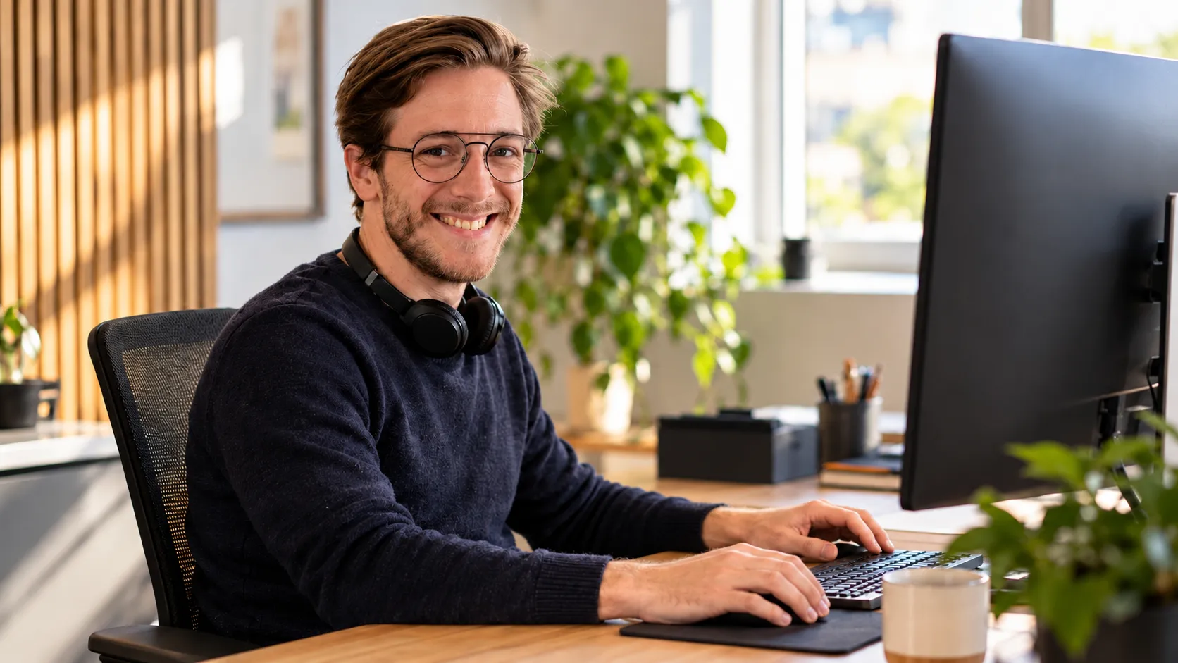Benjamin, conseiller enseignes chez Lettershop, devant son écran