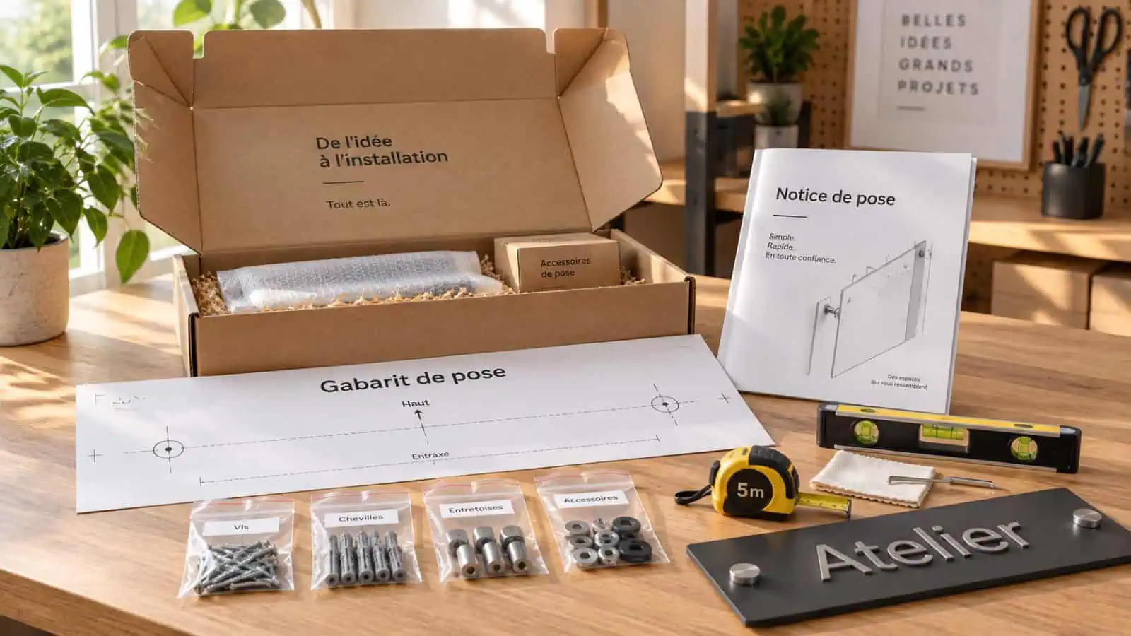 Gabarit de pose, notice, visserie et accessoires prêts à partir