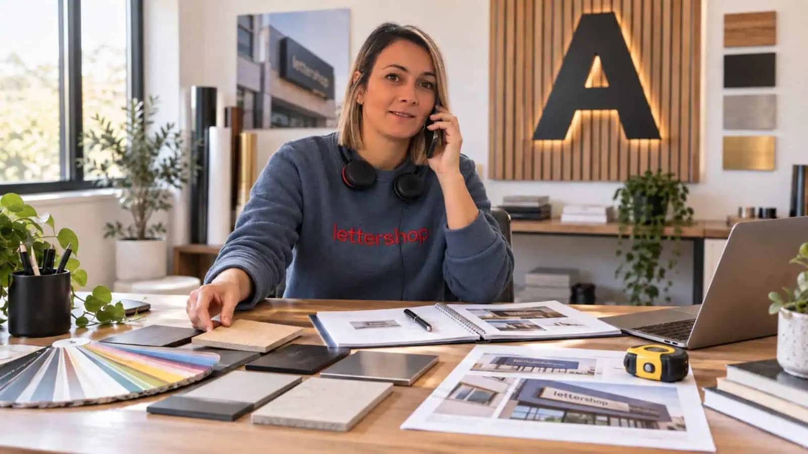 Une conseillère Lettershop au téléphone, entourée d’échantillons de matières